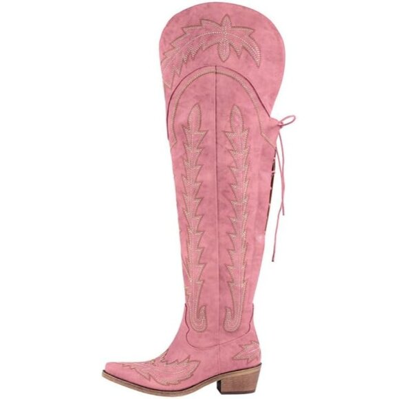 Women Pink Polyurethane Over the Knee Adjustable Thigh High Cowgirl Boot - Picture 1 of 4